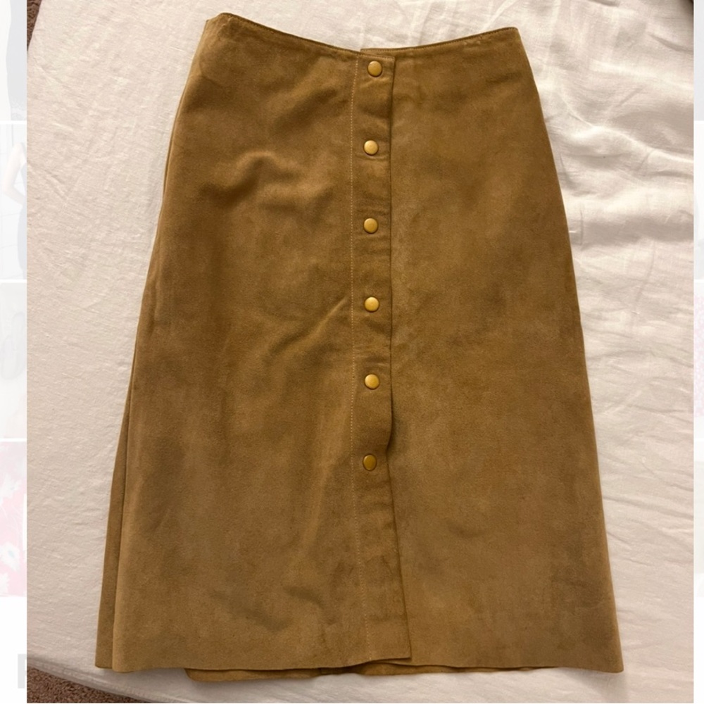 Tan Button-Front Genuine Suede Skirt